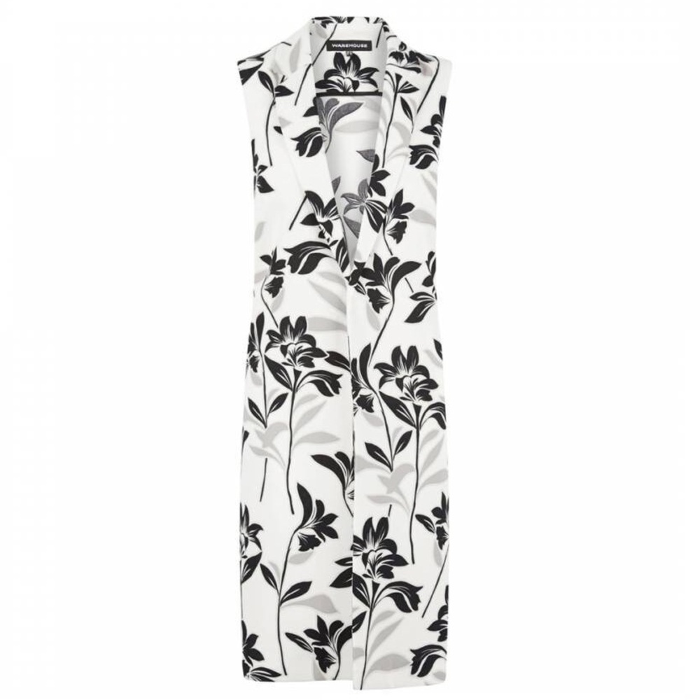 WAREHOUSE Ivory/Black Floral Long Sleeveless Blazer